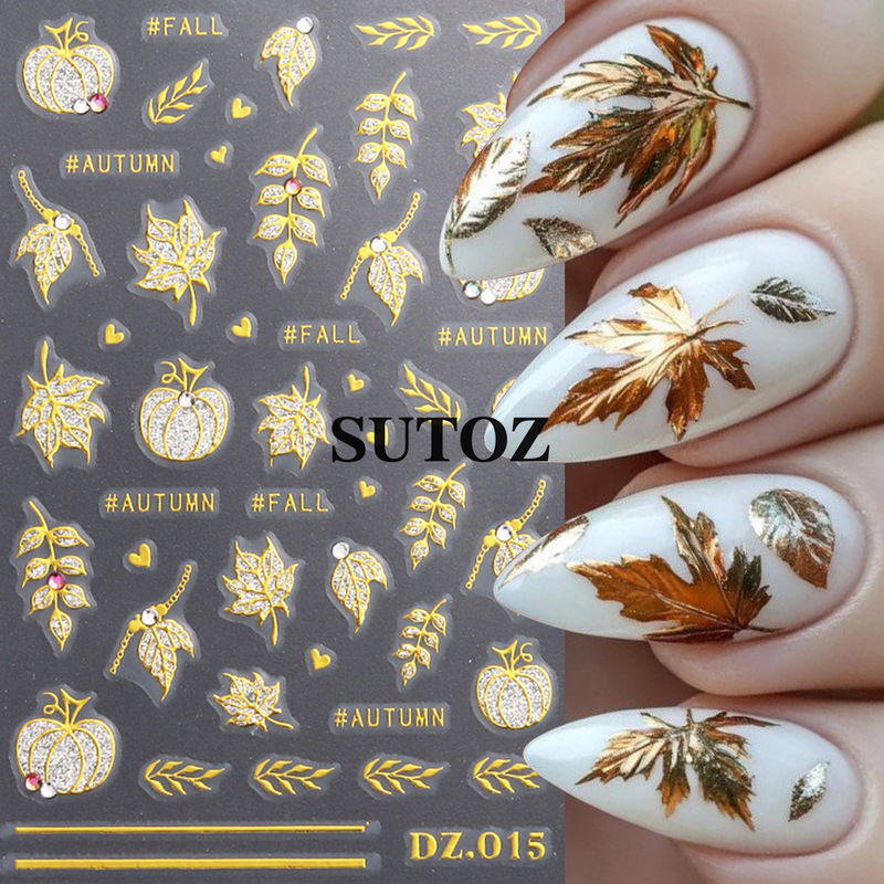 Pengxixi New Nail Art Stickers Autum Gold Bronzing Maple Leaf Crystal Diamond Nail Adhesive Stickers Nail Pengxixi New Nail Art Stickers Autum Gold Bronzing Maple Leaf Crystal Diamond Nail Adhesive Stickers Nail