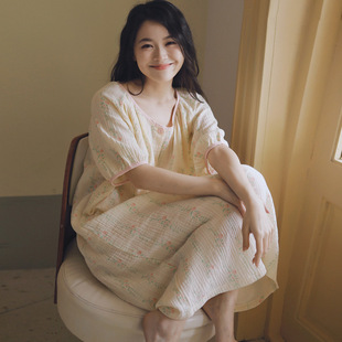 Pure Cotton Short-Sleeved Nightgown, Postpartum Clothing, Double-Layer Gauze Home Clothes with Breast Pads, Maternity Skirt, Summer Thin Maternity Pajamas
