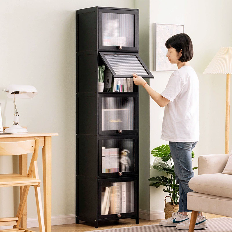 Книжный шкаф Современный простой с дверью пылезащитный клетчатой шкаф из цельного дерева книжный шкаф узкий шкаф от пола до потолка