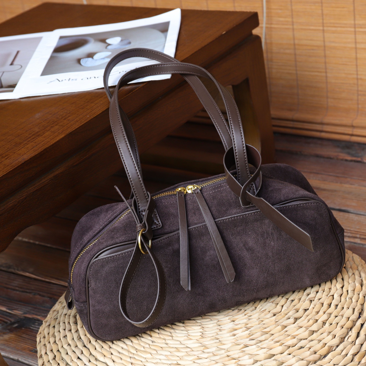 Large Capacity Matte Genuine Leather Boston Bag For Women, New Casual Commuter Shoulder Bag, Autumn/Winter Trending Bowling Bag - Thumbnail 6