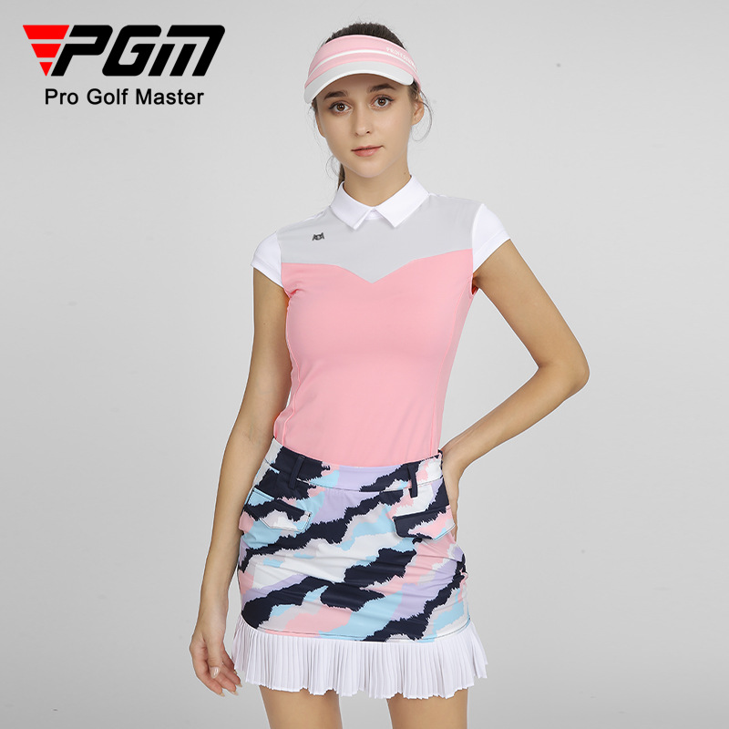Áo thun golf nữ tay ngắn PGM cổ bẻ khóa kéo, phối màu cổ — YF484-màu trắng xanh navy, YF484-màu trắng hồng
