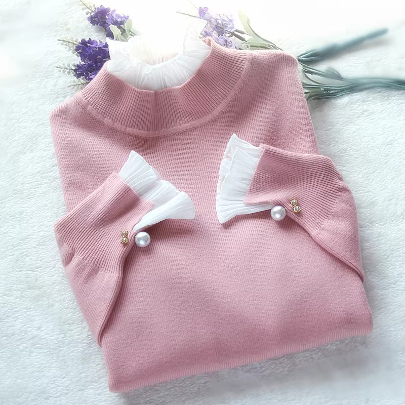 加绒加厚毛衣女冬季内搭假两件雪纺领打底针织衫喇叭袖珍珠扣上衣