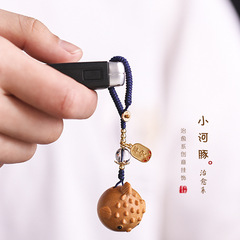 檀香木DIY創意愛生氣的小河豚可愛百搭包包手機鏈汽車鑰匙扣掛件