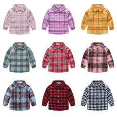 New children's spring and autumn casual long-sleeved tops Korean style plaid shirts for boys and girls, medium and small children's trendy brushed shirts