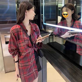 格子长袖衬衫女春秋季新款休闲宽松外套慵懒风高质量防晒上衣批发