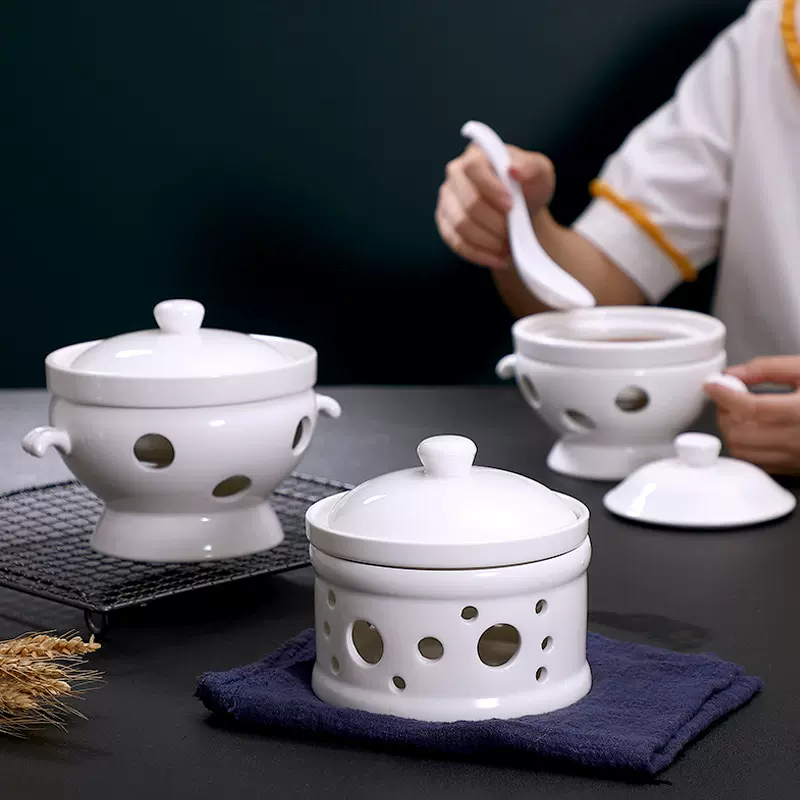 纯白陶瓷汤锅炖盅加热保温炉座酒精蜡烛燕窝甜品隔水煮粥带盖泰式