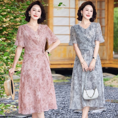 中年ママのサマードレス、気質半袖シフォンスカート、中高年女性の夏スタイルウエストロングスカート