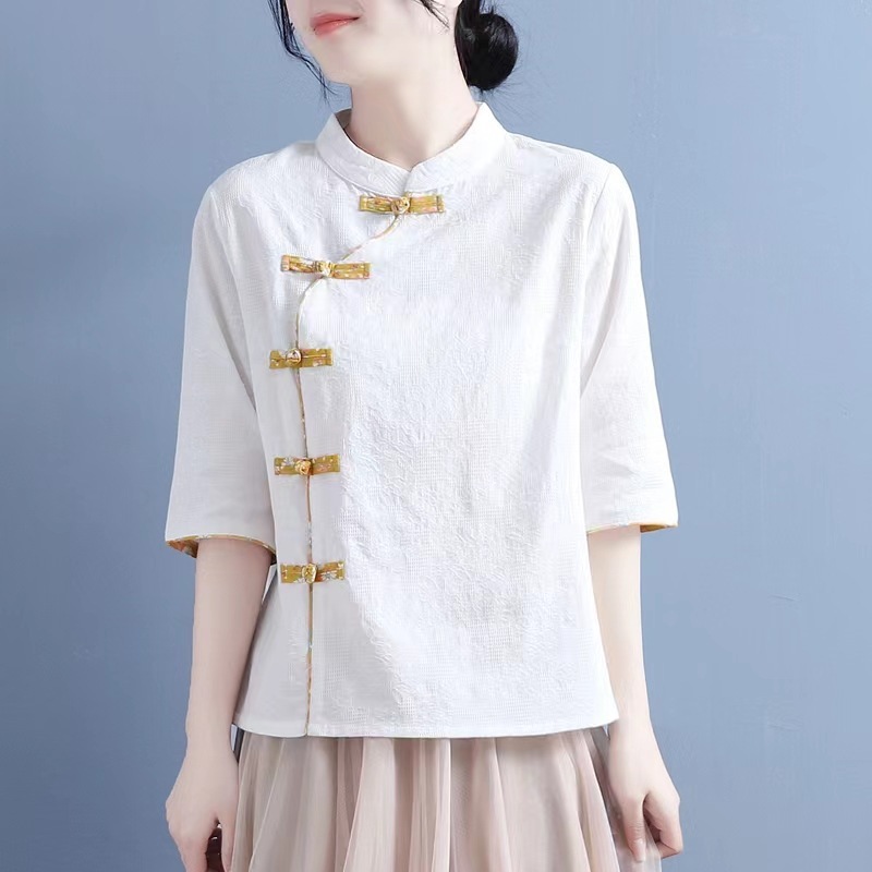 2025 夏綿とリネン斜め前立て花柄プレートボタンスタンドカラーミッドスリーブトップ女性の中国風文学レトロ薄いシャツ|undefined