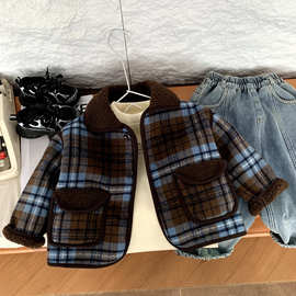 男童毛呢格子外套加绒加厚秋冬2025新款中小儿童女宝宝呢子上衣潮