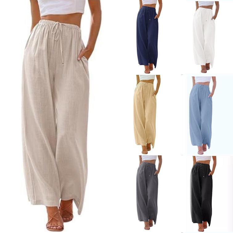Relaxed Fit Wide Leg Pants for Women Linen Blend Drawstring Waist Pockets plus Size Available_ecoleips.com