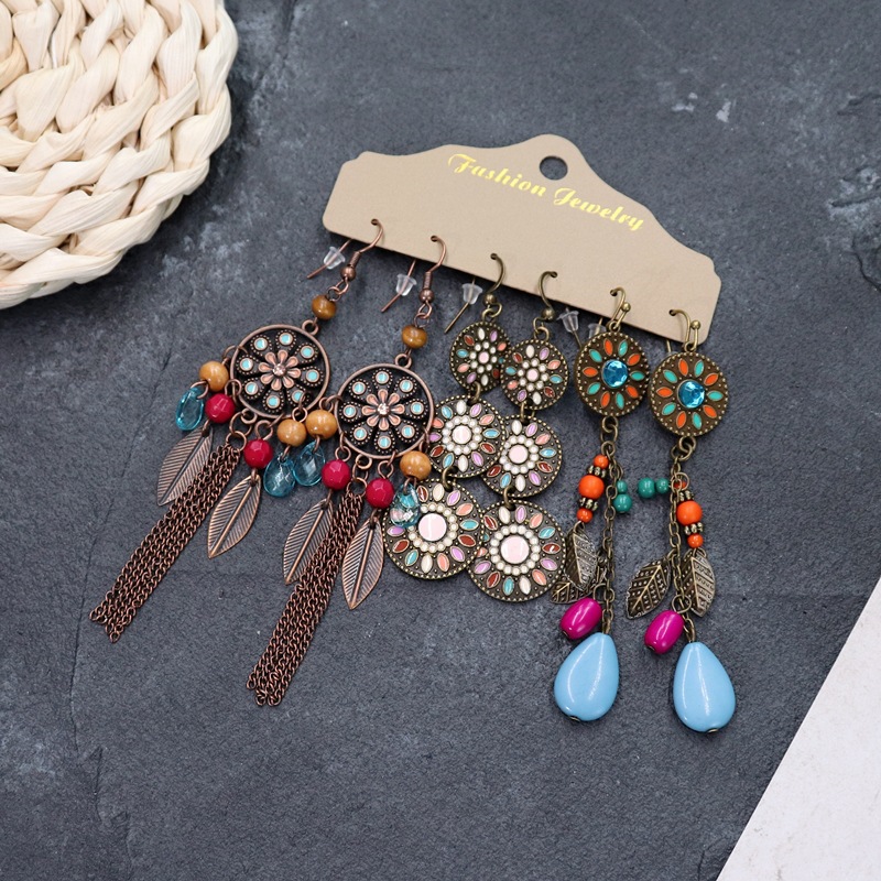 1 Set Retro Flower Alloy Turquoise Seed Bead Handmade Women's Drop Earrings display picture 13