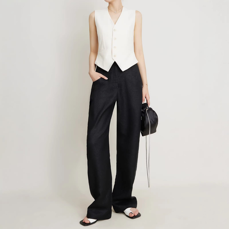 2026 Spring/Summer 100% Linen Narrow Wide-Leg Pants Curved Banana Pants Women's Extended Casual Pants Curved Straight-Leg Pants