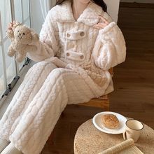 冬款珊瑚绒睡衣女秋冬季线条狗狗加绒加厚法兰绒冬天毛绒家居服