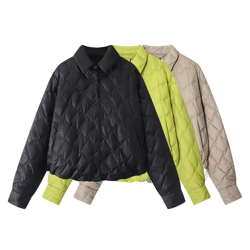 高版本现货多巴胺糖果色菱形格轻薄羽绒服衬衫领高级感短款外套女
