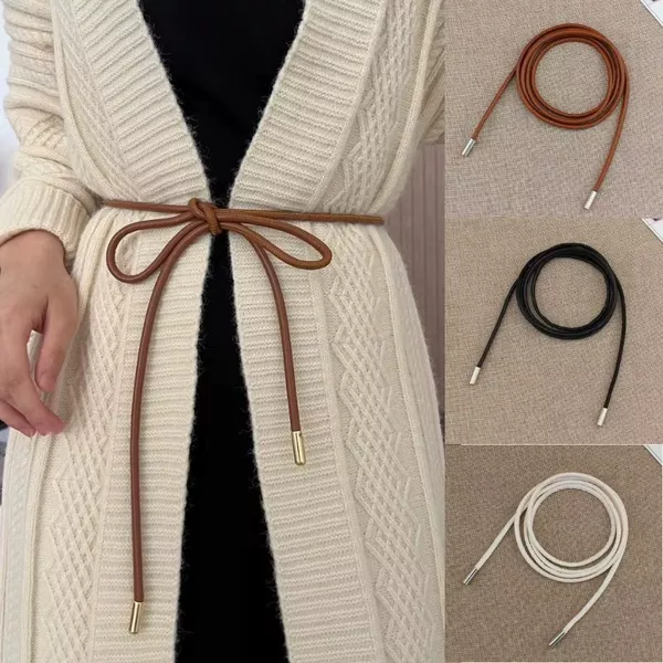 Pu Stitching Waist Chain Korean Style Thin Belt Simple Decorative Strap with Dress Bow Waist Rope for Women