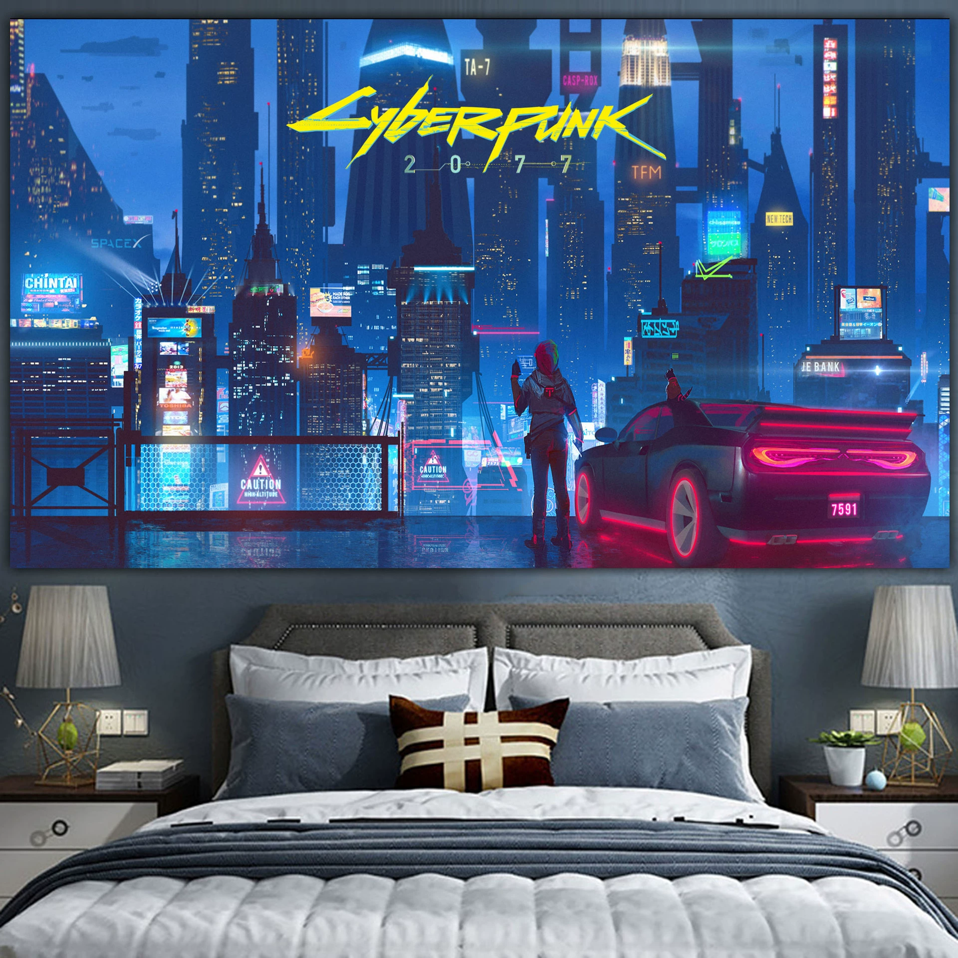 Постер cyberpunk неоновый город, размеры 38×65 см, 85×155 см, 110×200 см