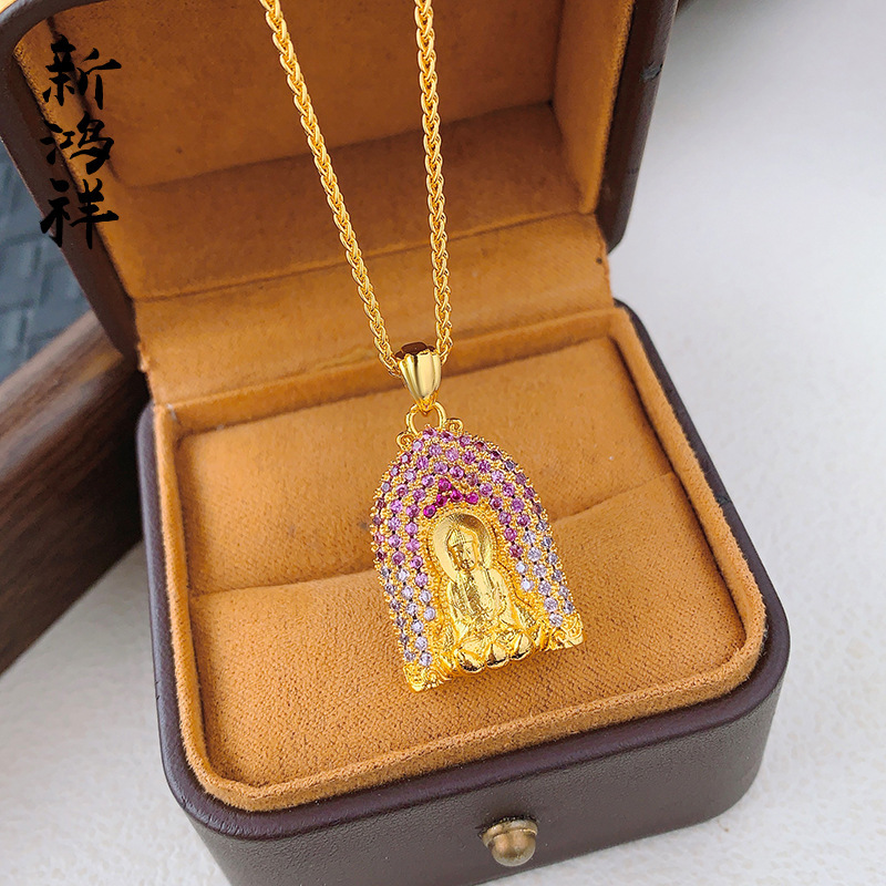 Ancient Gold Gradient Color Buddha Necklace for Women, Light Luxury Full Diamond Dazzling Pendant, Fashionable Versatile Jewelry Factory