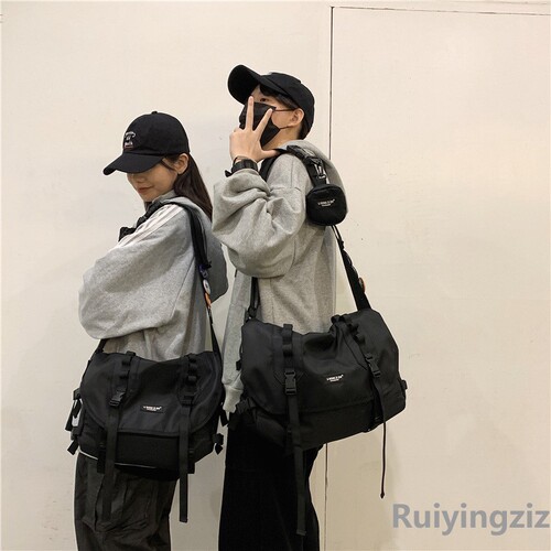 Functional-style crossbody bag for men, Japanese-style trendy brand student backpack with large capacity, women's Instagram-inspired utility bag, and couple-friendly single-shoulder bag