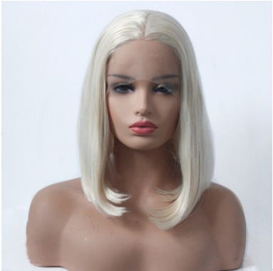 Peluca de pelo liso blanco de moda europea y americana BOB cabello tejido a media mano de encaje delantero de fibra química comercio exterior LW0123