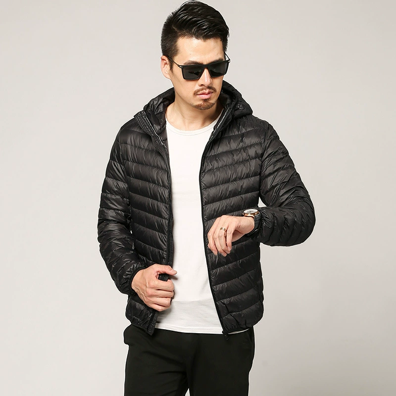 Men's velvet short handheld light and thin down jacket with hood, 2024 years, feather stuffing, plus size
