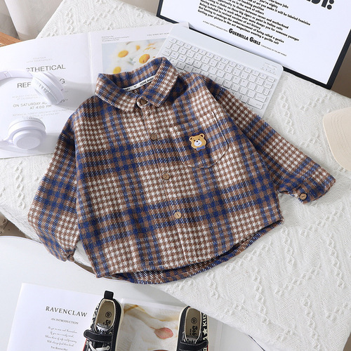Children's Shirt New Autumn/Winter Korean Style Boy's Collared Plaid Top Girl's Casual Open Cardigan Long Sleeve Base Shirt