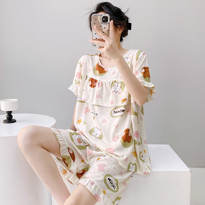 Summer Cotton Silk Pajamas Women's Thin Short-sleeved Shorts Anti-bump suit High-grade Artificial Cotton plus size Outer Wear Home Clothes Summer Cotton Silk Pajamas Women's Thin Short-sleeved Shorts Anti-bump suit High-grade Artificial Cotton plus size Outer Wear Home Clothes