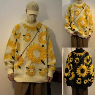 向日葵植绒针织衫毛衣男立体秋冬外套宽松慵懒风潮牌外贸跨境批发
