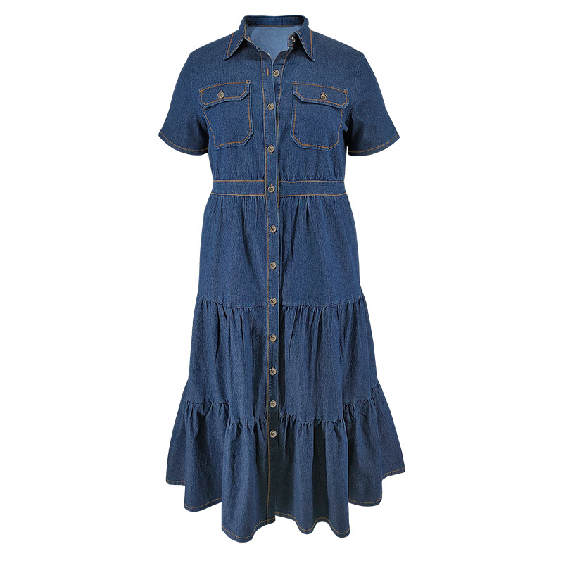 K Plus Size Women's Clothing Women's Short-sleeved Long Dress With Pocket And Button-down Collar_voghion.com