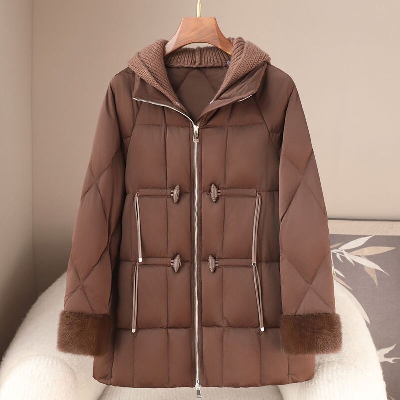Small Amount of Clothing Autumn and Winter 2025 New White Goose down Jacket Cuffs Spliced ​​Mink Fur Knitted Hooded Jacket for Women