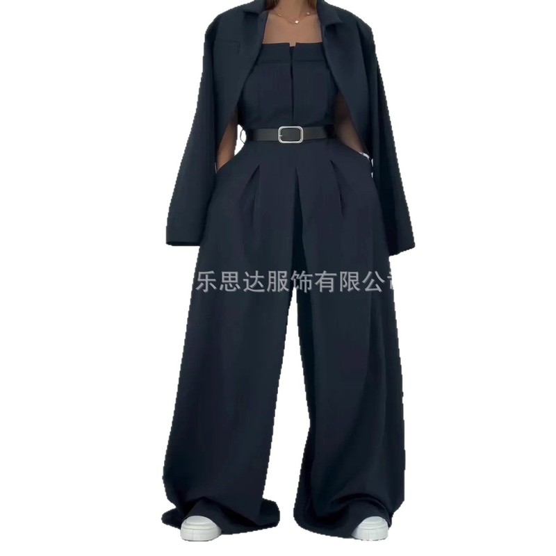 现货中东亚马逊独立站欧美跨境女装露肩连体裤夹克式外套通勤套装|undefined