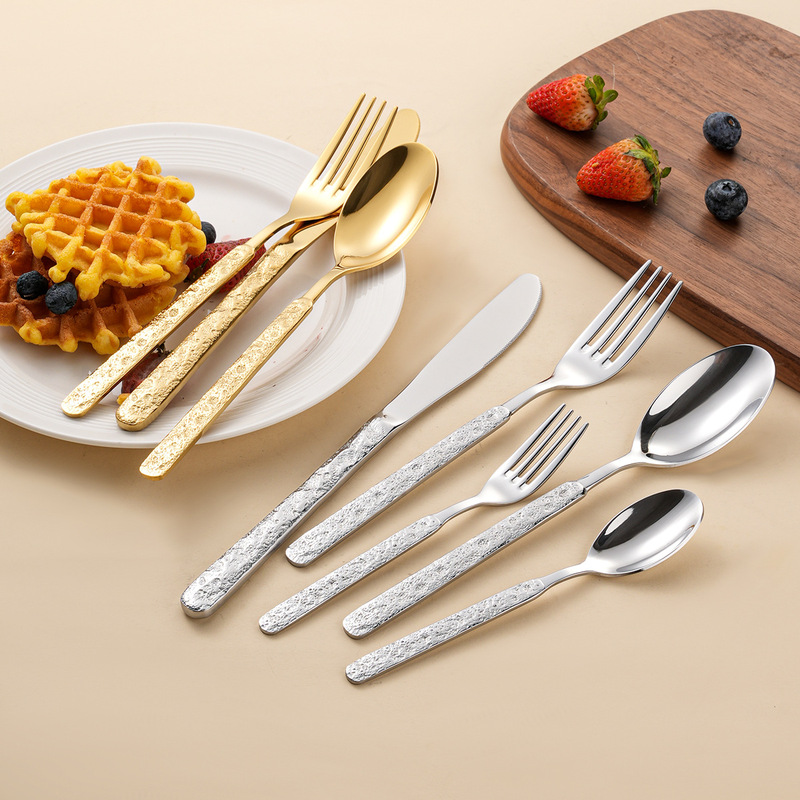 Cross-Border Hammered 430 Stainless Steel Knife, Fork and Spoon Five-Piece Tableware Set Accessible Luxury Creative Steak Knife and Fork Gold-Plated Table Spoon and Fork