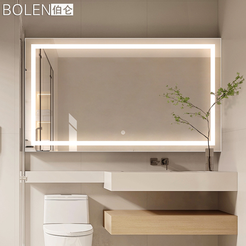 BOLLEN de lujo con caja trasera baño inteligente con pantalla táctil emisora de luz espejo cosmético de habitación de hotel montado en la pared