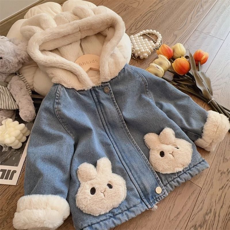 Niñas con chaqueta de vaqueros encapuchados de lana de invierno 2025 nuevo bebé grueso abrigo de algodón caliente chaqueta de algodón de niña