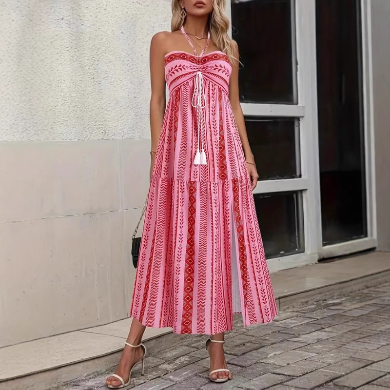 European and American Cross-Border Bohemian Women's Holiday Style Summer Fashion Slit Sexy Printed Strappy Tube Top Dress