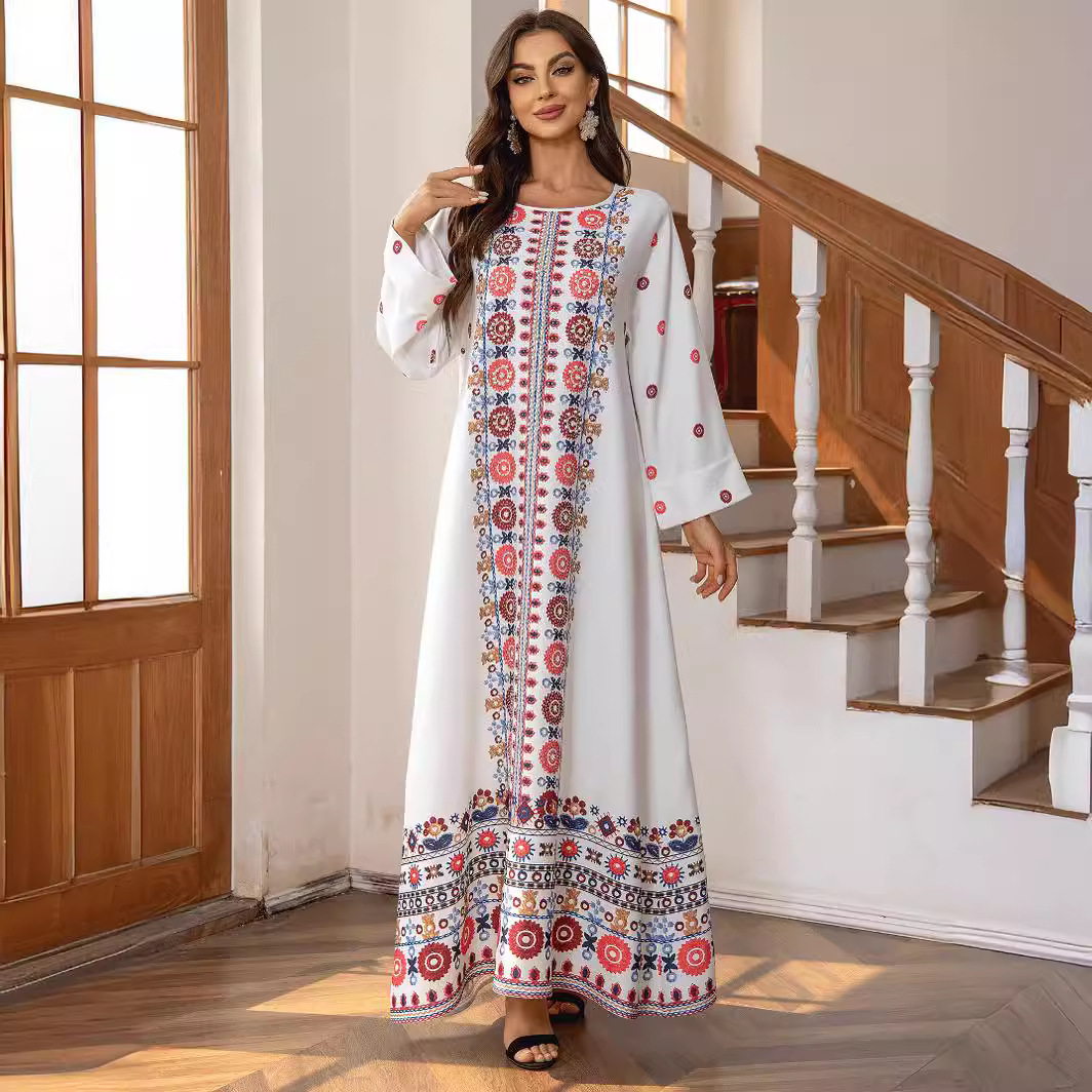 ZD028 Cross-border Middle Eastern Foreign Trade Muslim Ethnic Long Dress With Printed Gold Foil And Beading Elegant_ecoleips.com