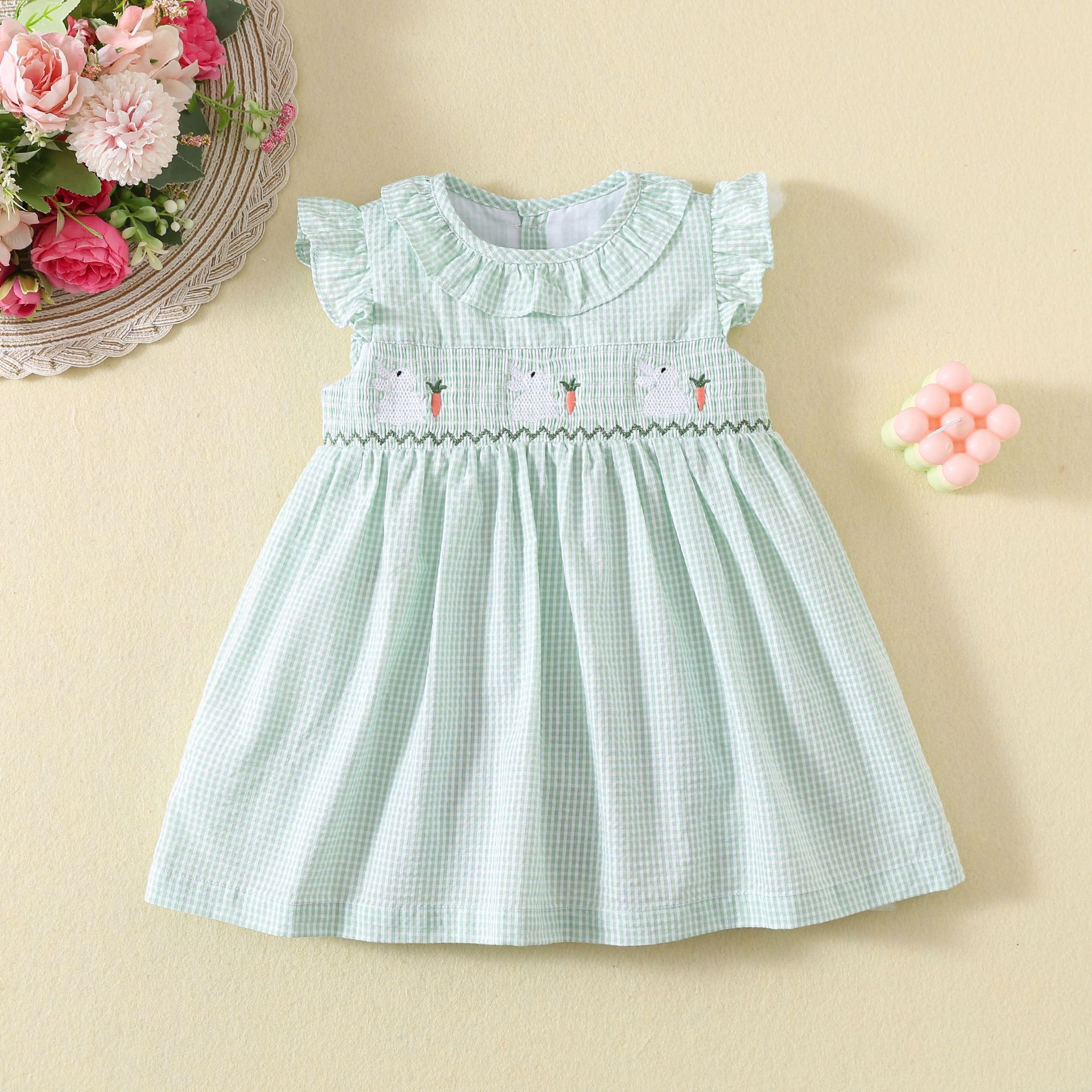 Summer Girl's dress Dress Cute Rabbit Embroidered Green Plaid Children's Dress Cotton Foreign Trade Princess Dress