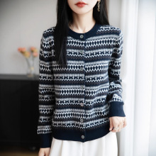 跨境2025韩版秋冬新款女式复古提花圆领开衫打底衫针织衫毛衣女冬