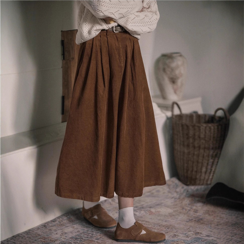 Retro Brown Corduroy Skirt Women's Autumn and Winter Long Skirt Brown Skirt Umbrella Skirt Japanese Style Skirt Spring & Fall A-Line Skirt