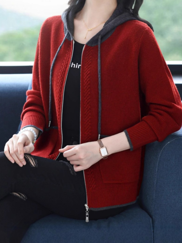 春秋新款毛衣外套女特大码妈妈连帽拉链针织开衫宽松外搭披肩上衣|undefined