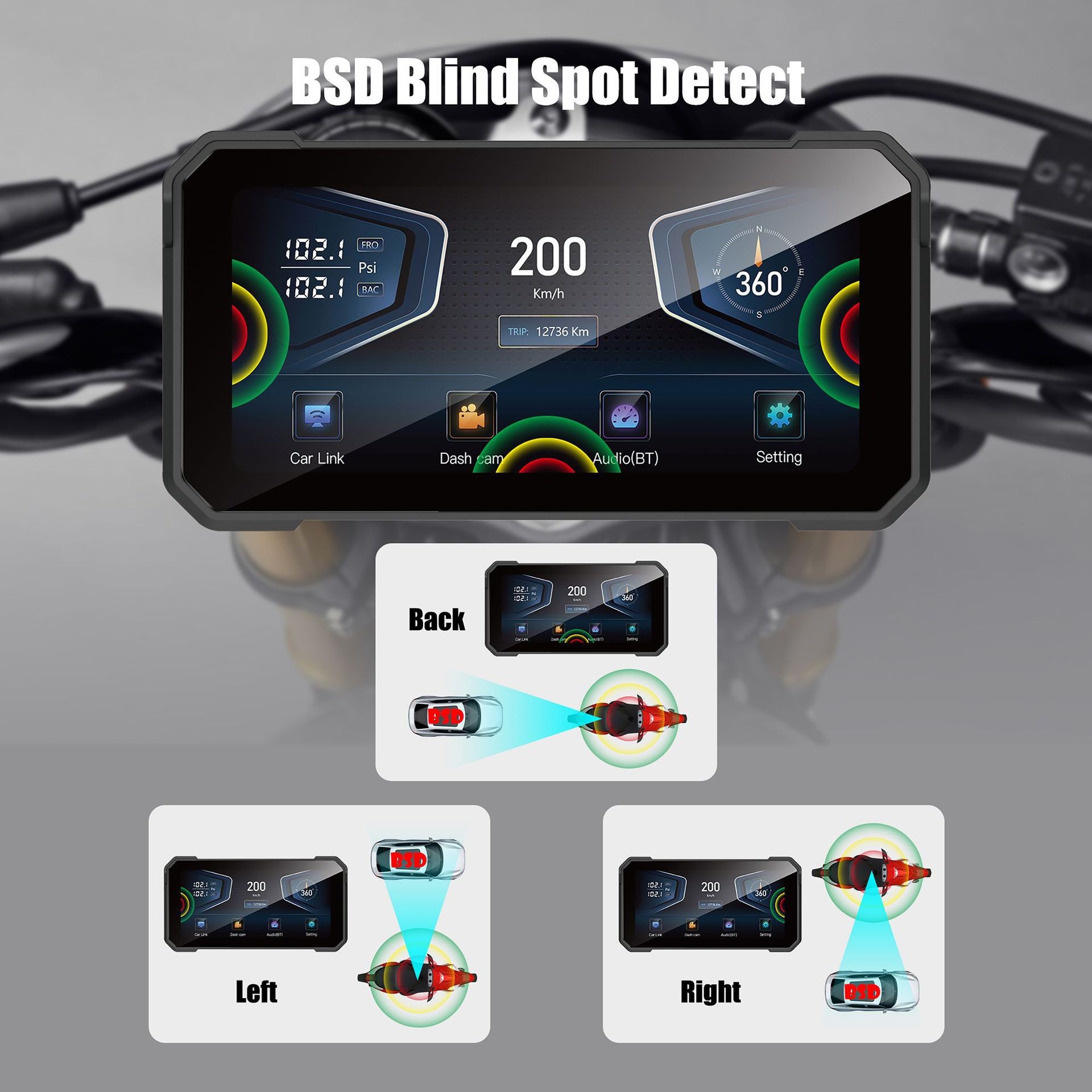 6.25inch Motorcycle Dashcam with Dual Front and Rear 4K HD BSD Motorcycle CarPlay Recorder