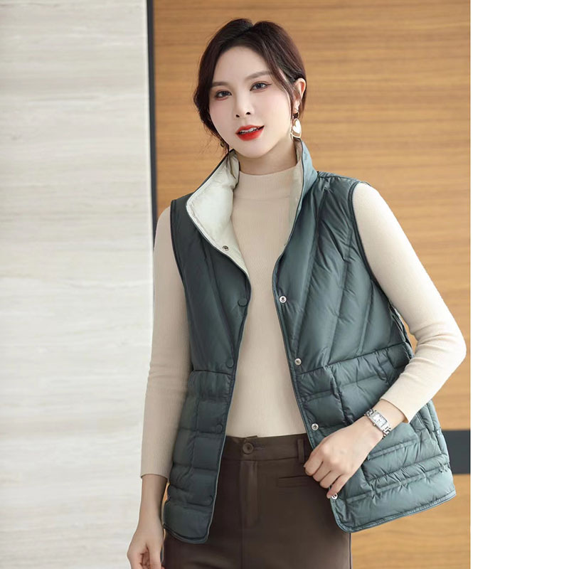 양면 더블 컬러 양면 착용 접착 다운 조끼 여자 짧은 수직 칼라 느슨한 올매치 경량 다운 재킷