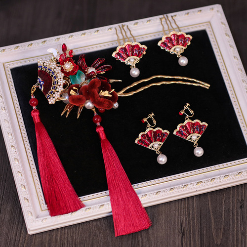 New new Chinese style red tassel headdress bride Xiuhe clothing ancient style toasting clothing hair accessories high-end