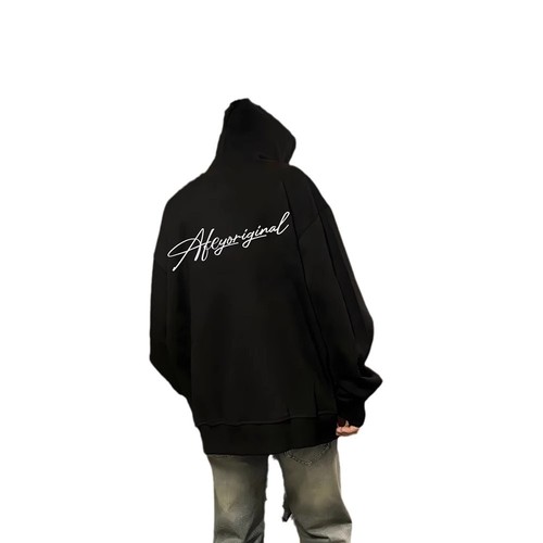 Black Letter Print Heavyweight Sweatshirt Men's American Streetwear OOTD Outfit Autumn/Winter Outerwear Oversize Hooded Sweatshirt