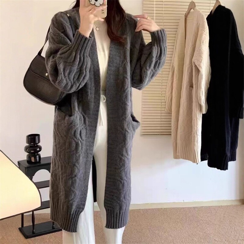 中长款麻花毛衣外套女秋冬季新款宽松慵懒风纯色加厚长袖针织开衫|undefined