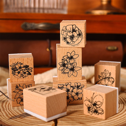 Yuezhen cross-border flower box honey language series handbook seal retro wooden plant flowers children's seal set 8 pieces