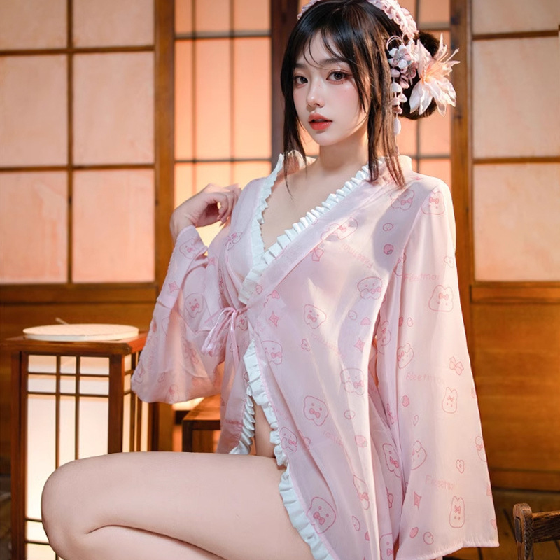 Lencería sexy Leche Conejo Maid Uniform Salsa Japón lindo puro deseo Conejo estampado estilo japonés Camisón con lazo