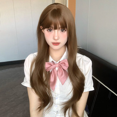 Chengming Wig Women's Honey Tea Linen Color Long Curly Hair Big Wave Breathable Summer Fashion Air Bangs Full Headpiece