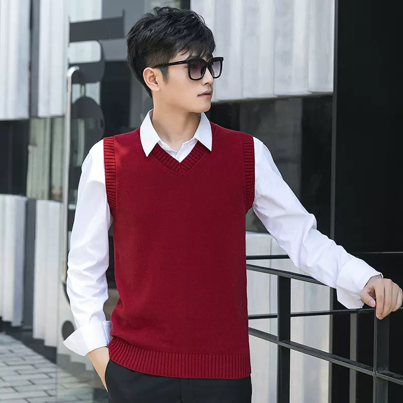 批发韩版男士修身纯棉无袖 V领背心纯色套头针织衫男马甲秋冬厚款