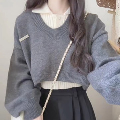 灰色polo领毛衣女秋冬季小个子宽松软糯翻领针织衫两件套短款上衣