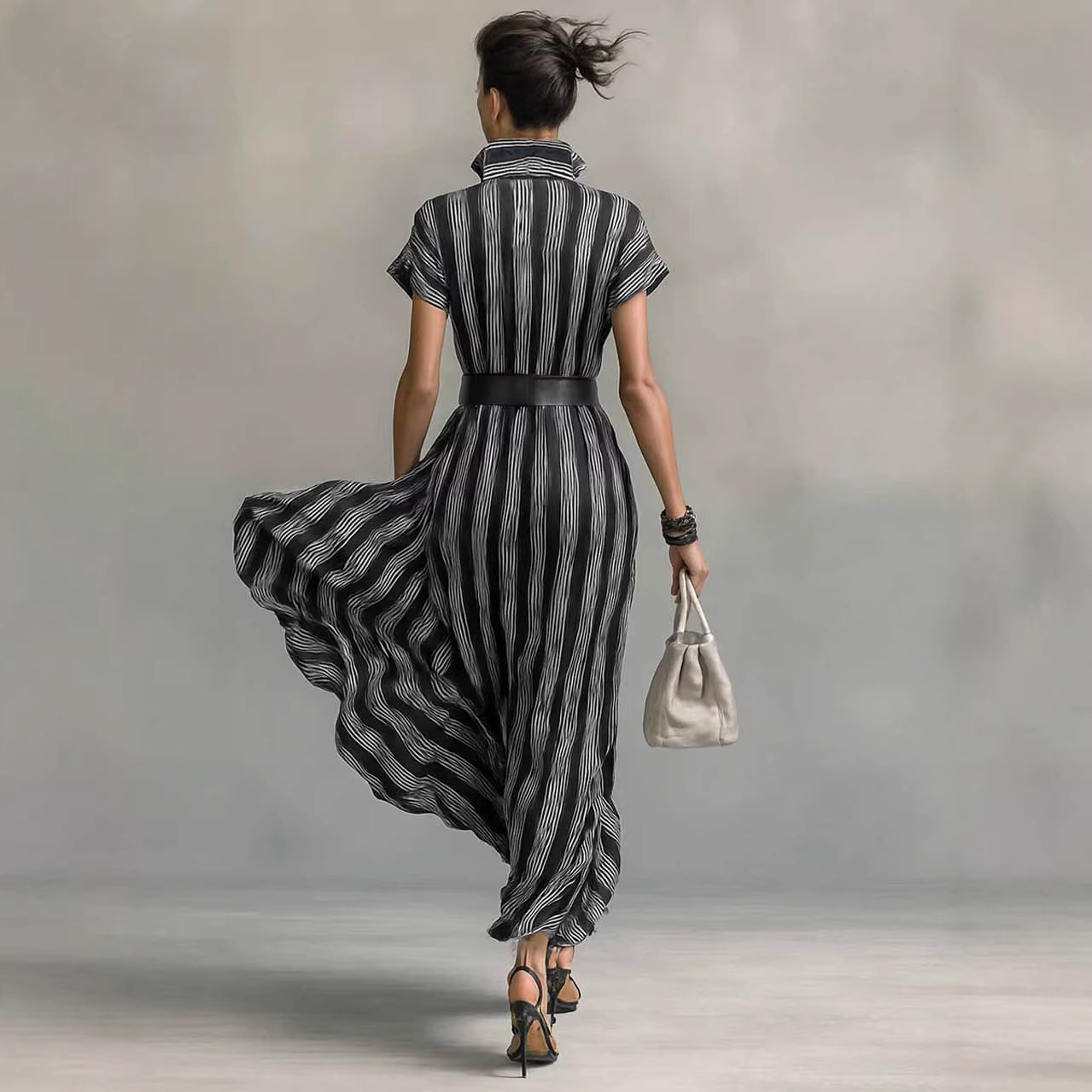2026 European And American Cross-border Independent Site Elegant Short-sleeved Collar Striped Shirt Dress_ecoleips.com